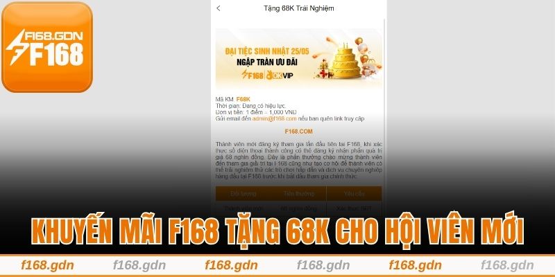 Khuyến mãi F168 tặng 68K cho hội viên mới